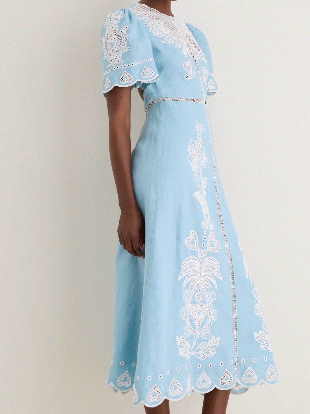 FARM Rio Sky Blue Midi Dress with White Eyelet Embroidery - Picture 2 of 5